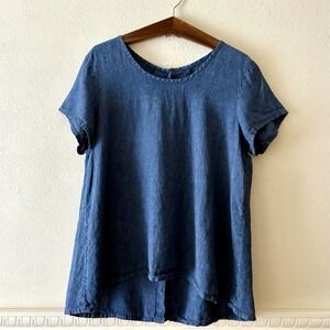 FLAX Designs Blossom Blouse blue 100% Linen lightweight with button back